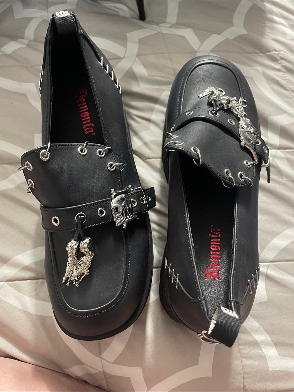 Demonia Black Punk Loafers with Silver Skull & Chain Charms